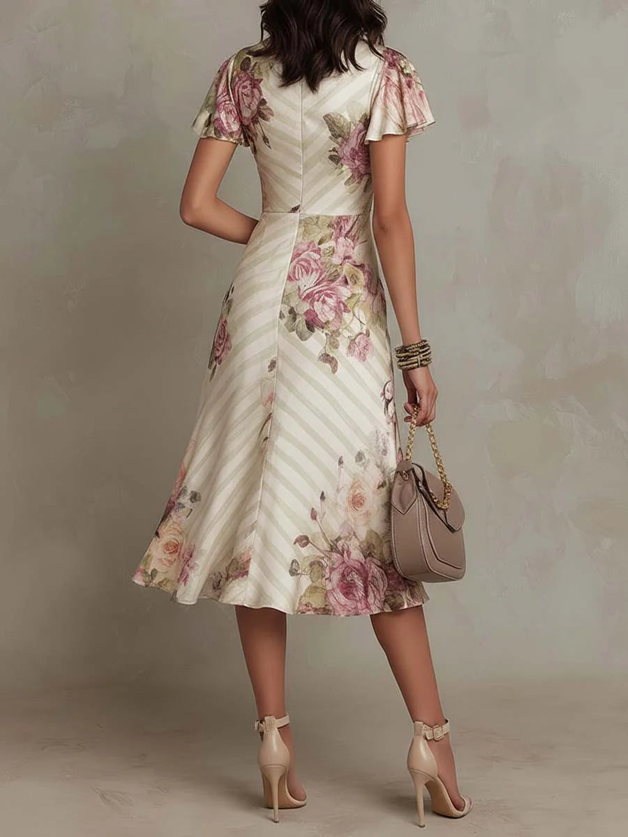 Joanna | Robe mi-longue satinée à fleurs de style vintage