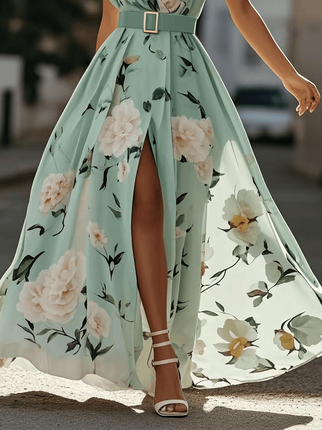 Anna | Robe longue florale vert clair à une épaule
