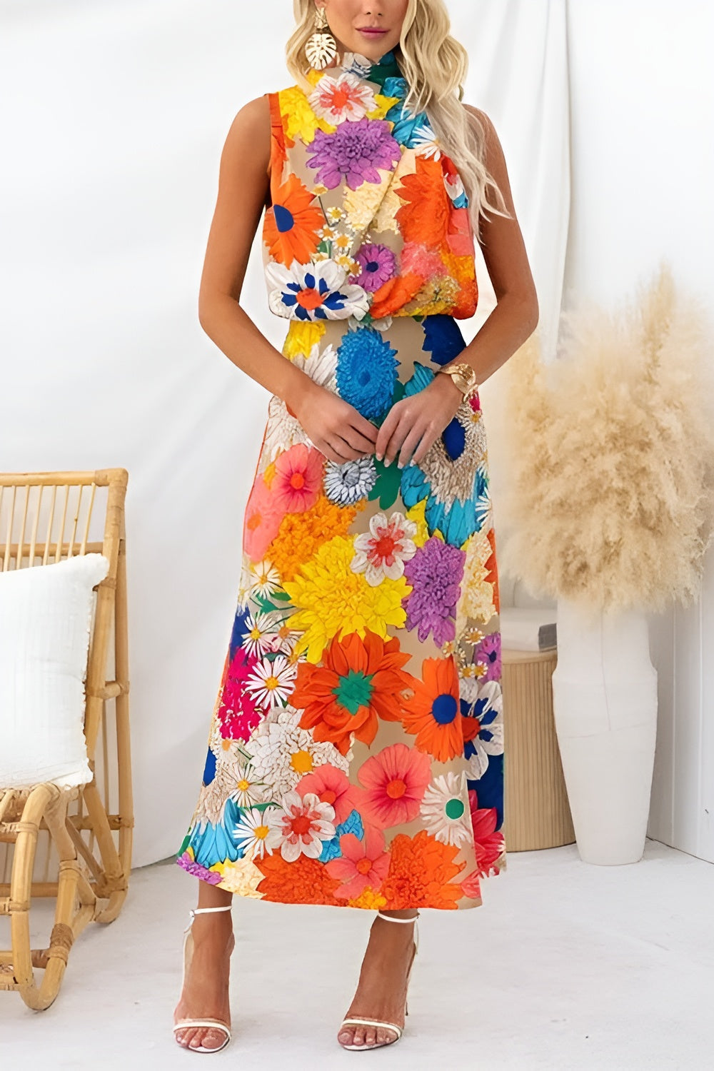 Naila | Robe longue florale sans manches avec nœud au col et à la taille