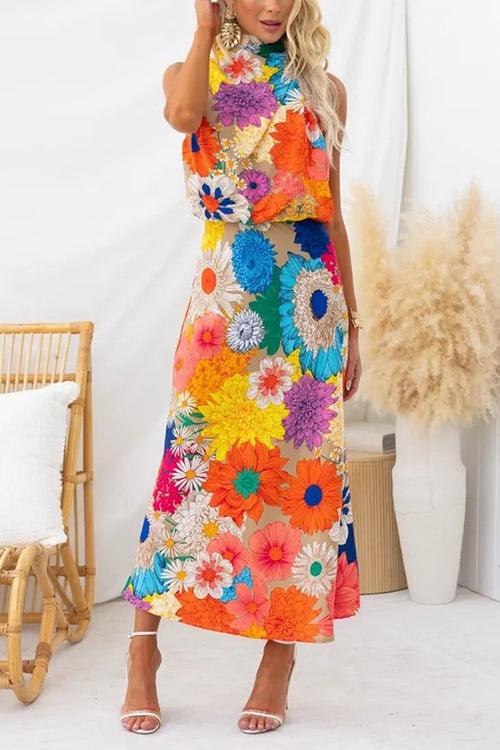 Naila | Vestido maxi floral sin mangas con lazo en el cuello y la cintura