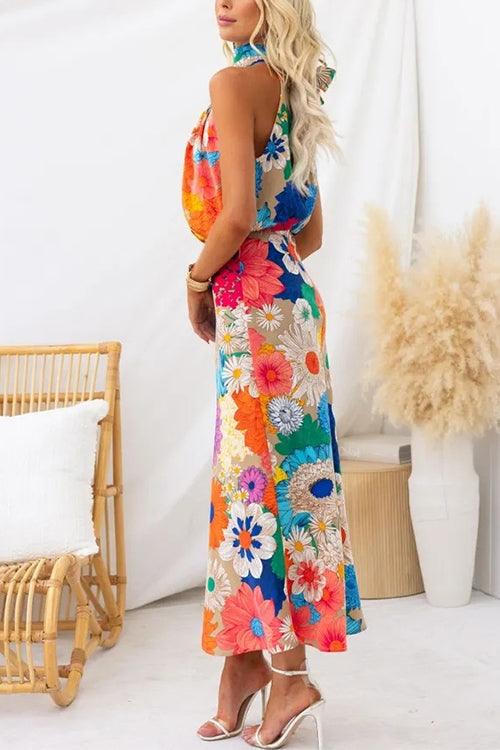 Naila | Robe longue florale sans manches avec nœud au col et à la taille