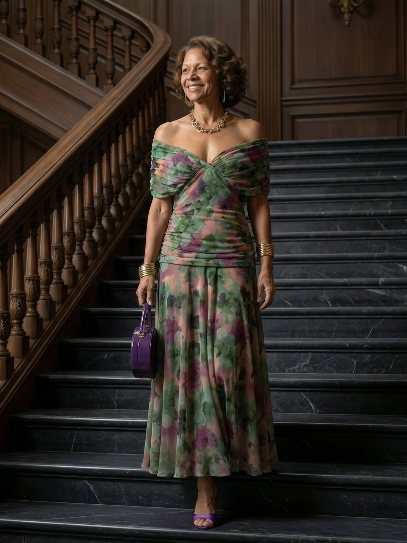 Robe Midi Décontractée à Épaules Dénudées Calen