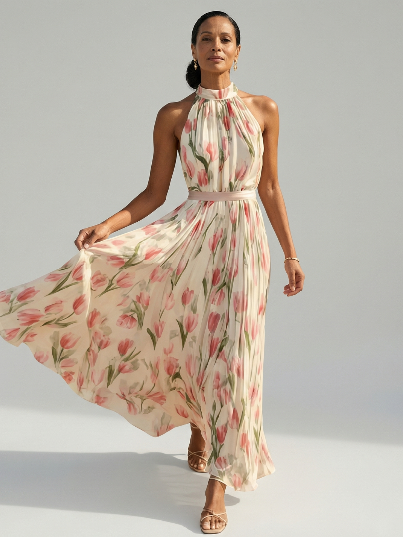 Robe midi Aurelle fleurie à col montant