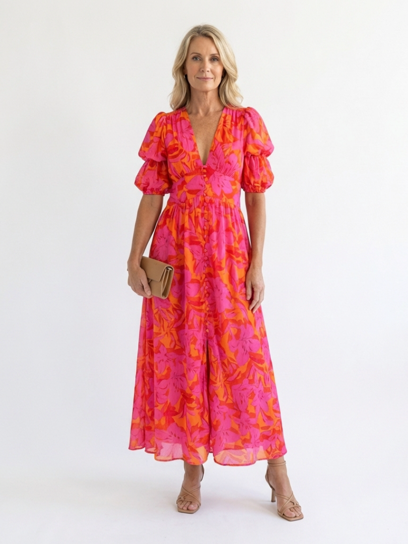 Robe Midi à Manches Bouffantes Marie