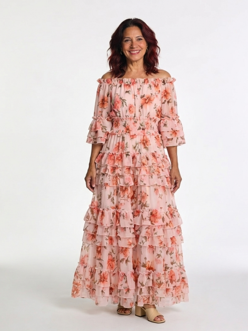 Robe longue fleurie à volants, décolleté Rosalie