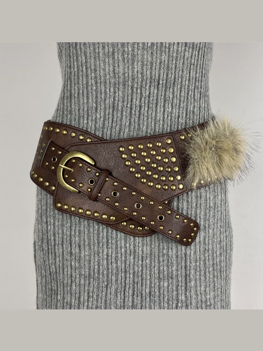 Ceinture polyvalente rétro pour femme en fourrure et cuir synthétique