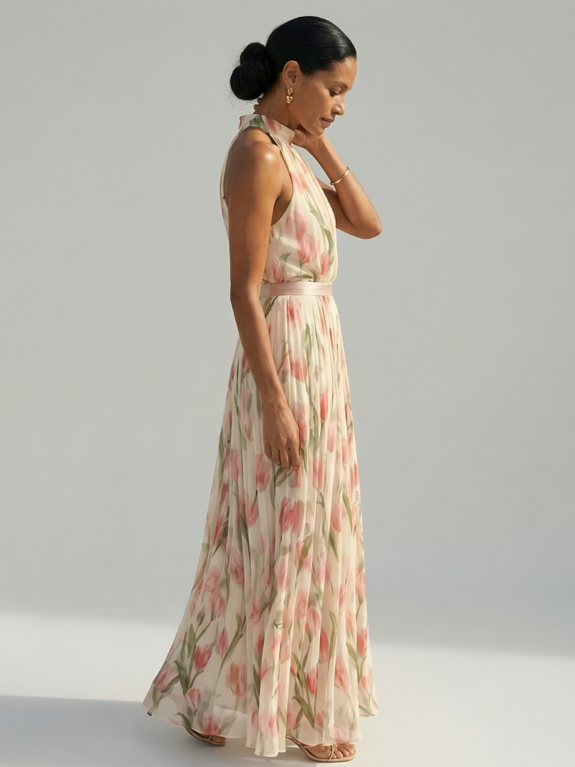 Robe midi Aurelle fleurie à col montant
