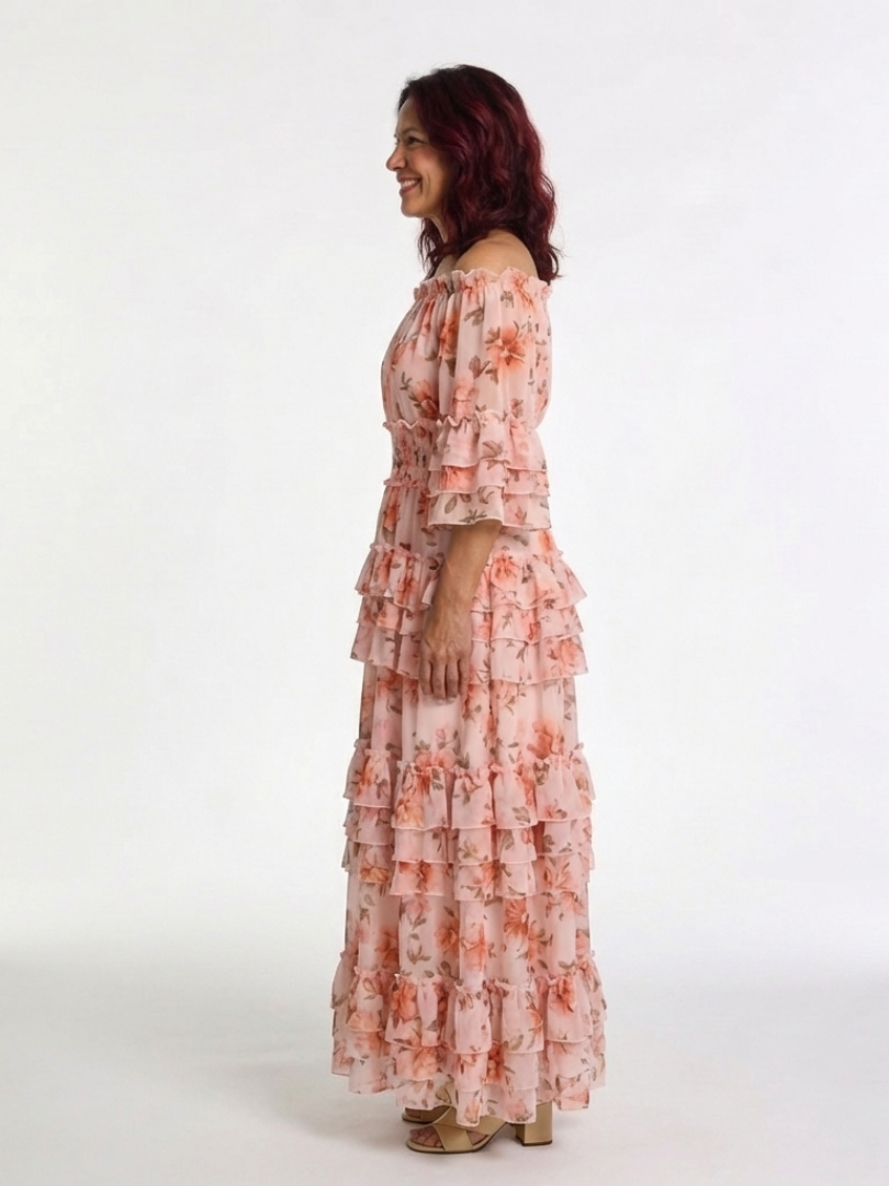 Robe longue fleurie à volants, décolleté Rosalie