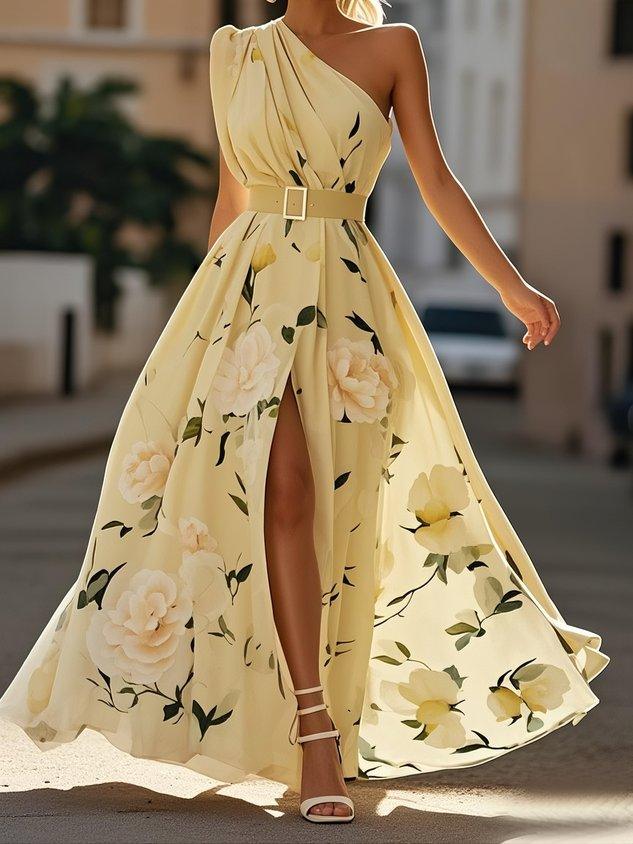 Anna | Robe longue florale vert clair à une épaule