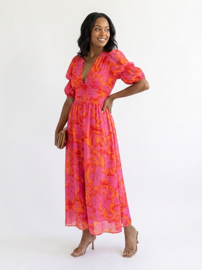 Robe Midi à Manches Bouffantes Marie