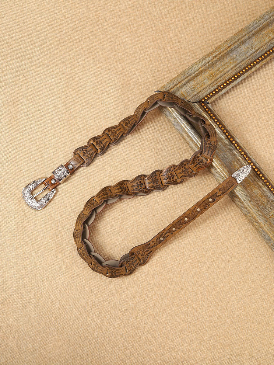 Cinturón de Cintura de Mujer Estilo Western Elegante con Relieve Floral en Cuero Sintético