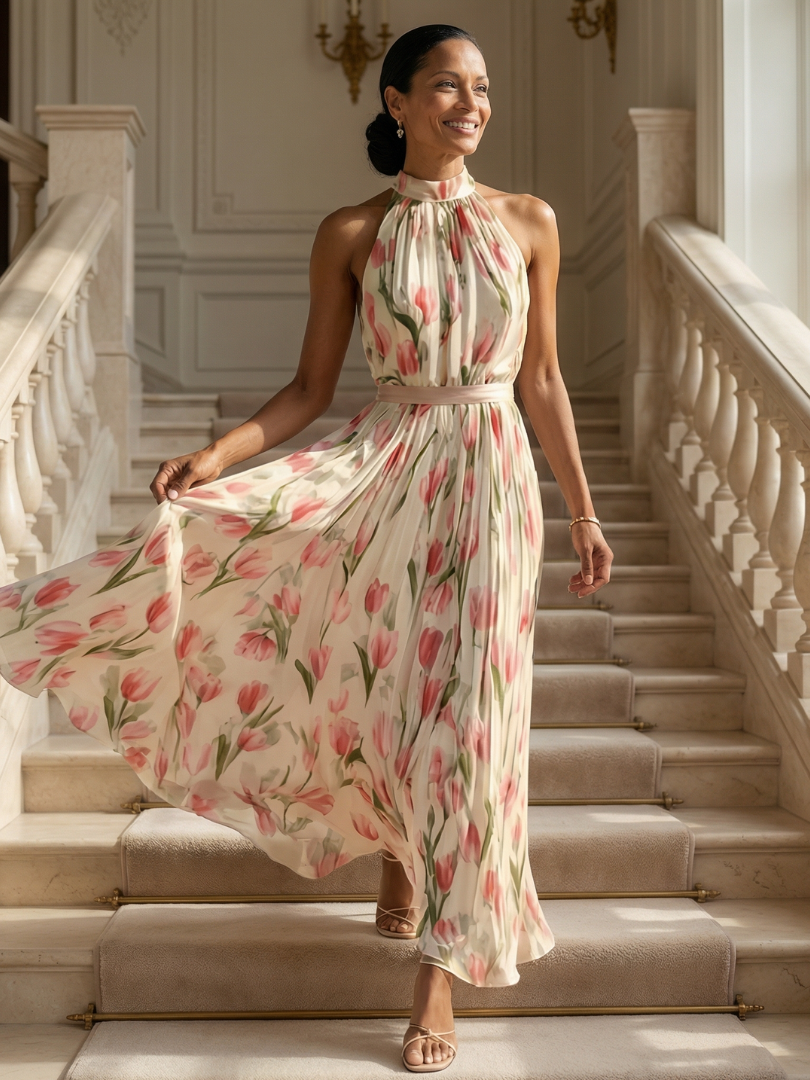 Robe midi Aurelle fleurie à col montant