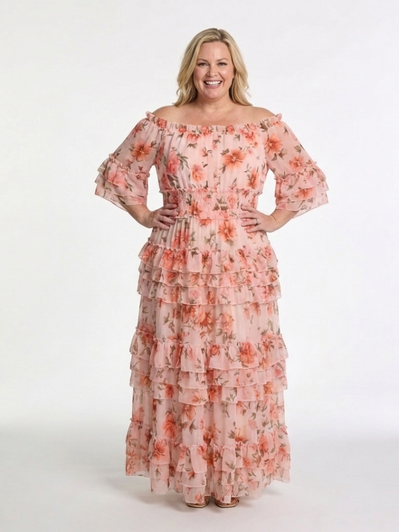 Robe longue fleurie à volants, décolleté Rosalie