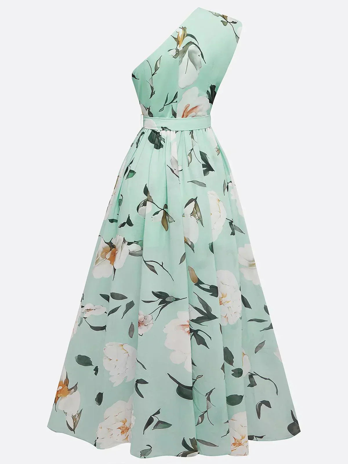 Anna | Robe longue florale vert clair à une épaule