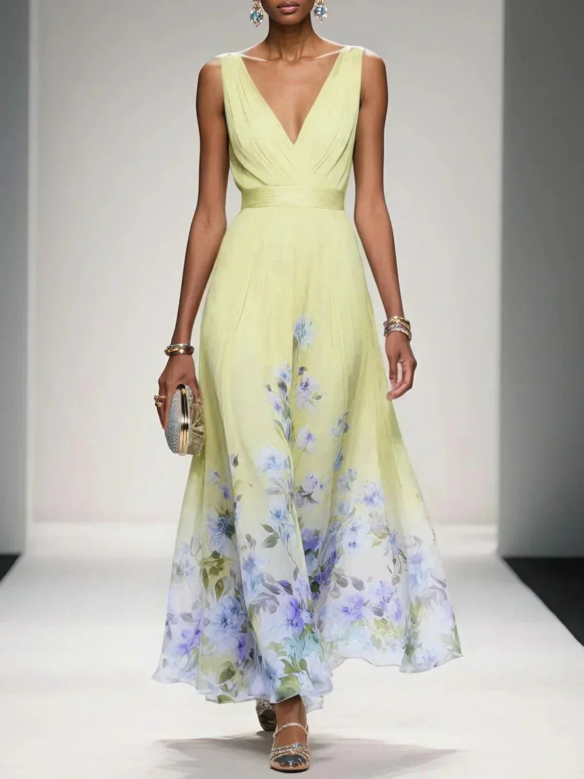 Elsa | Robe longue en mousseline de soie bleu clair à col en V
