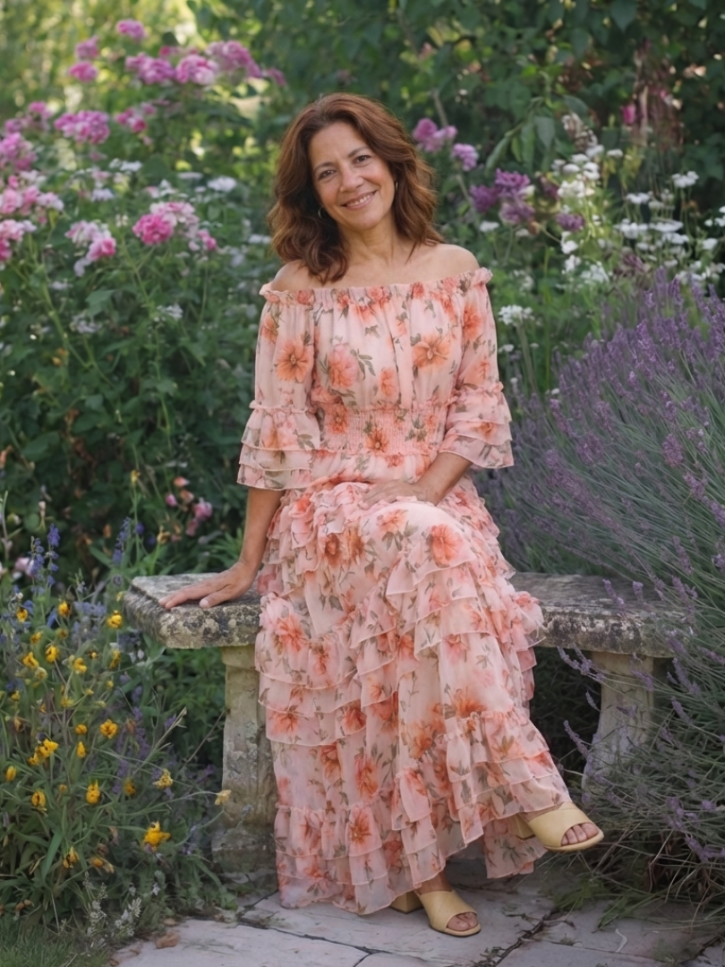 Robe longue fleurie à volants, décolleté Rosalie