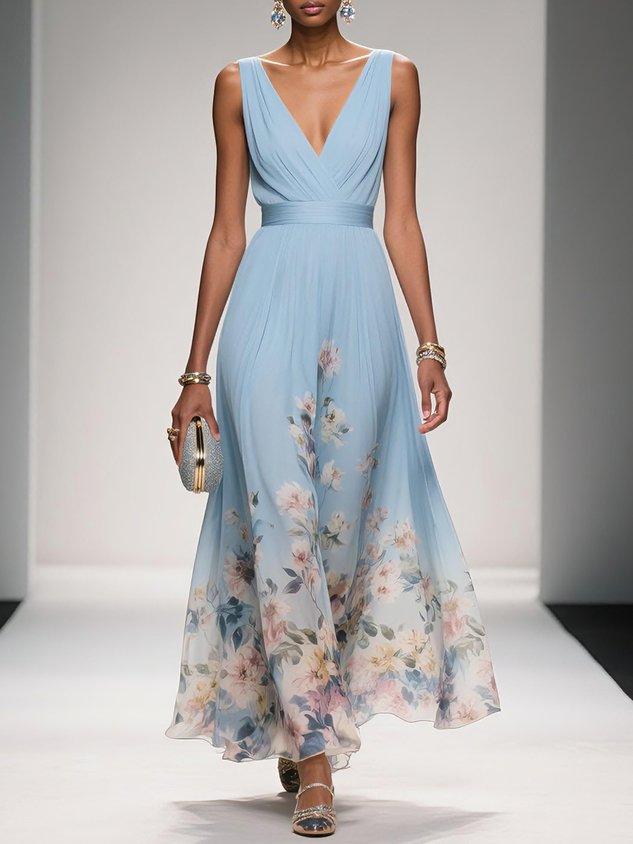 Elsa | Vestido Maxi de Chiffon Azul Claro con Escote en V