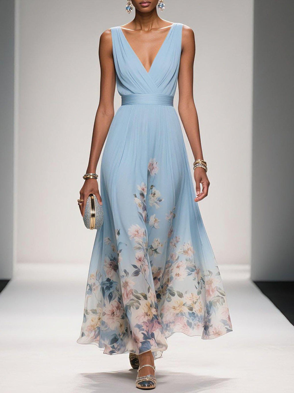 Elsa | Vestido Maxi de Chiffon Azul Claro con Escote en V