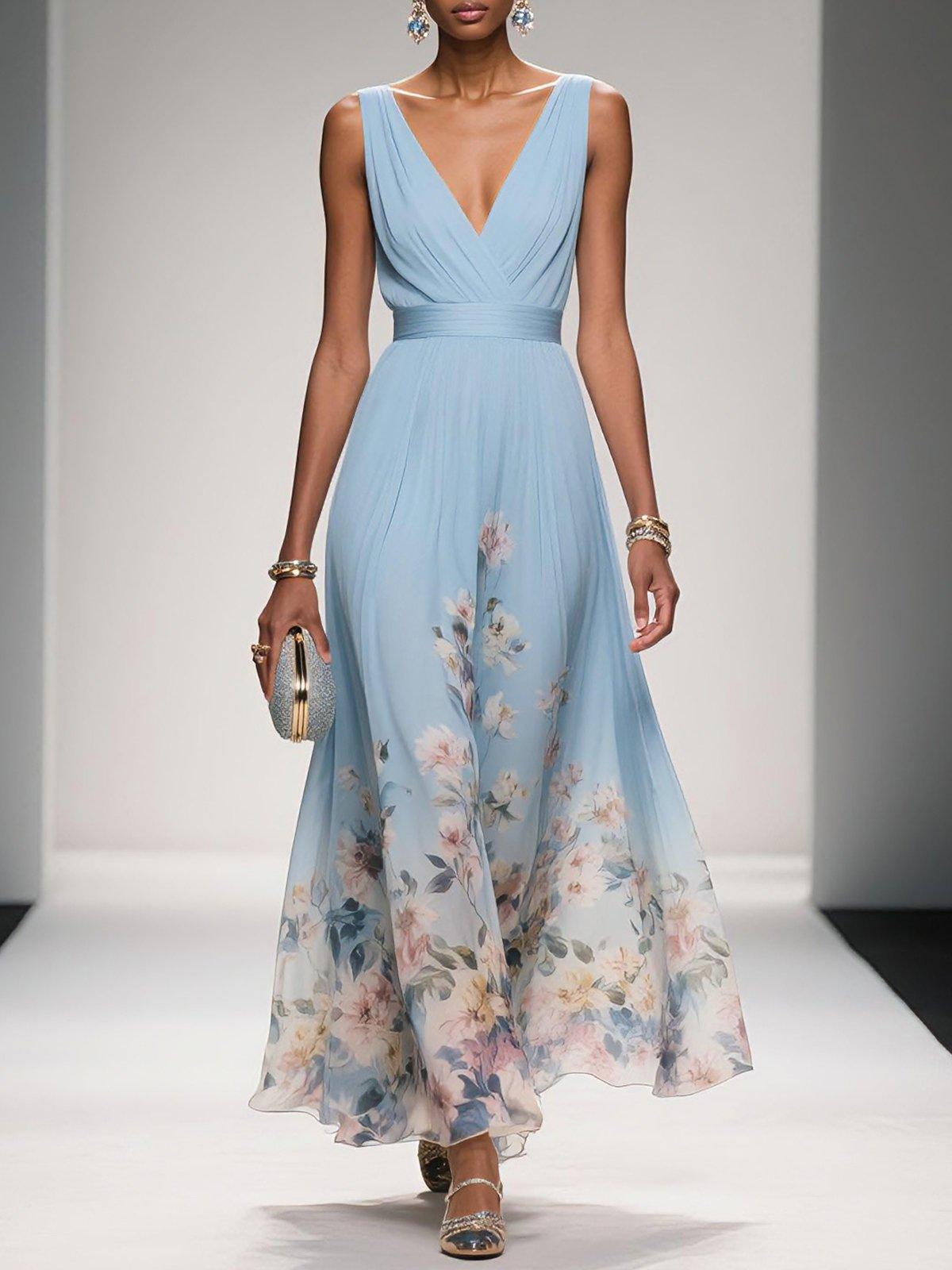 Elsa | Robe longue en mousseline de soie bleu clair à col en V
