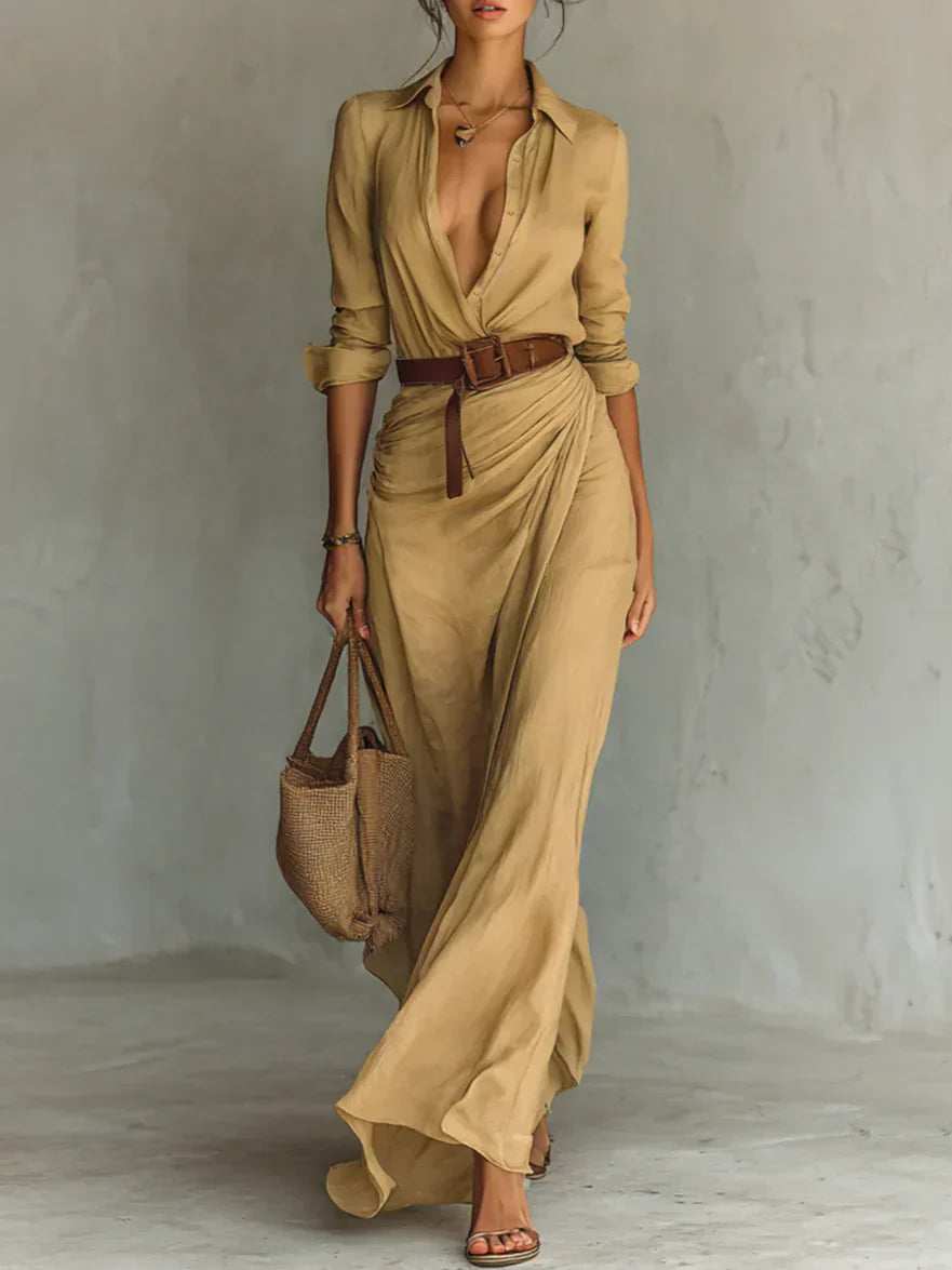 Camille™ | Robe longue avec col à revers et ceinture à la taille