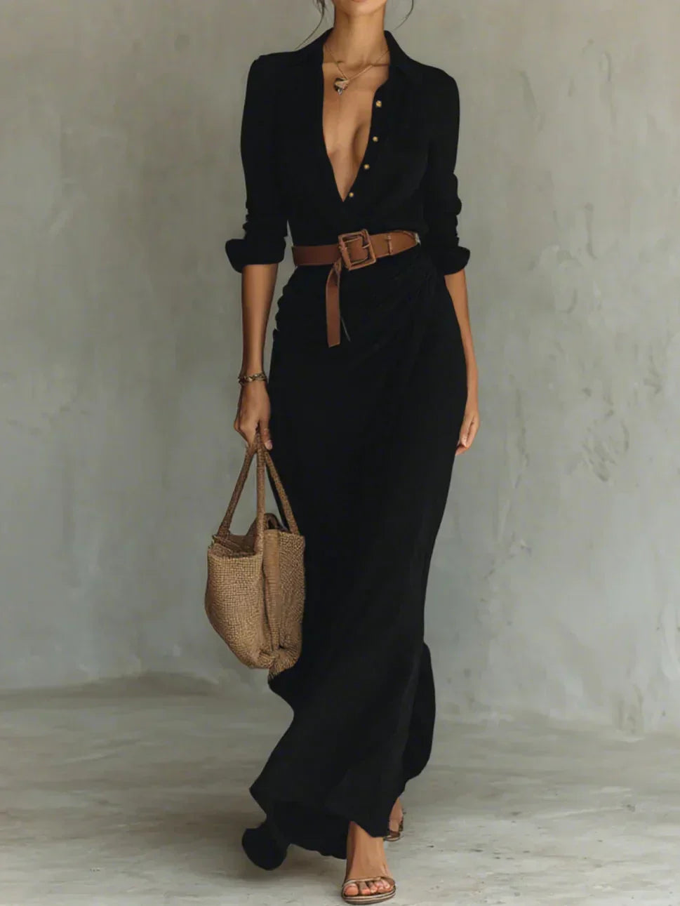 Camille™ | Robe longue avec col à revers et ceinture à la taille