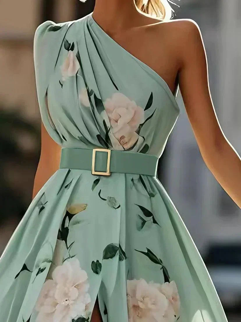 Anna | Robe longue florale vert clair à une épaule