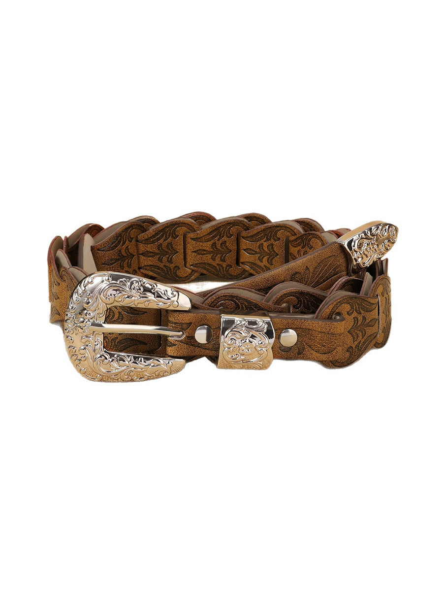 Cinturón de Cintura de Mujer Estilo Western Elegante con Relieve Floral en Cuero Sintético