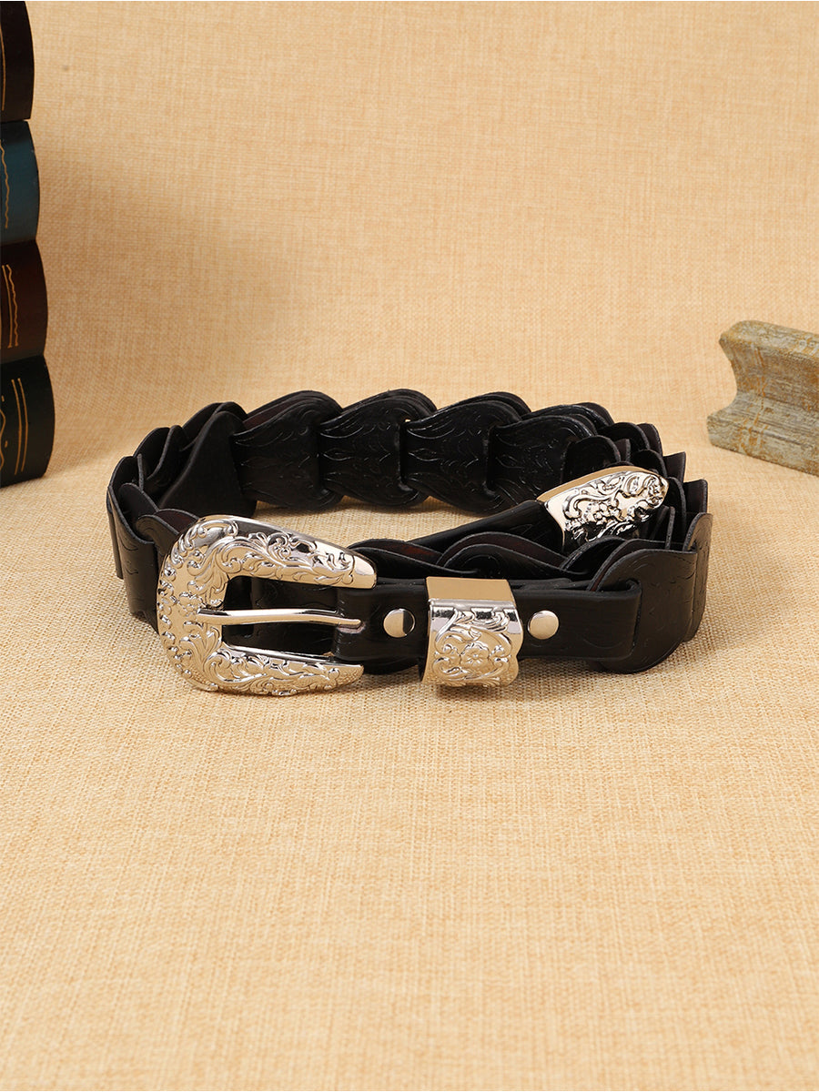 Cinturón de Cintura de Mujer Estilo Western Elegante con Relieve Floral en Cuero Sintético