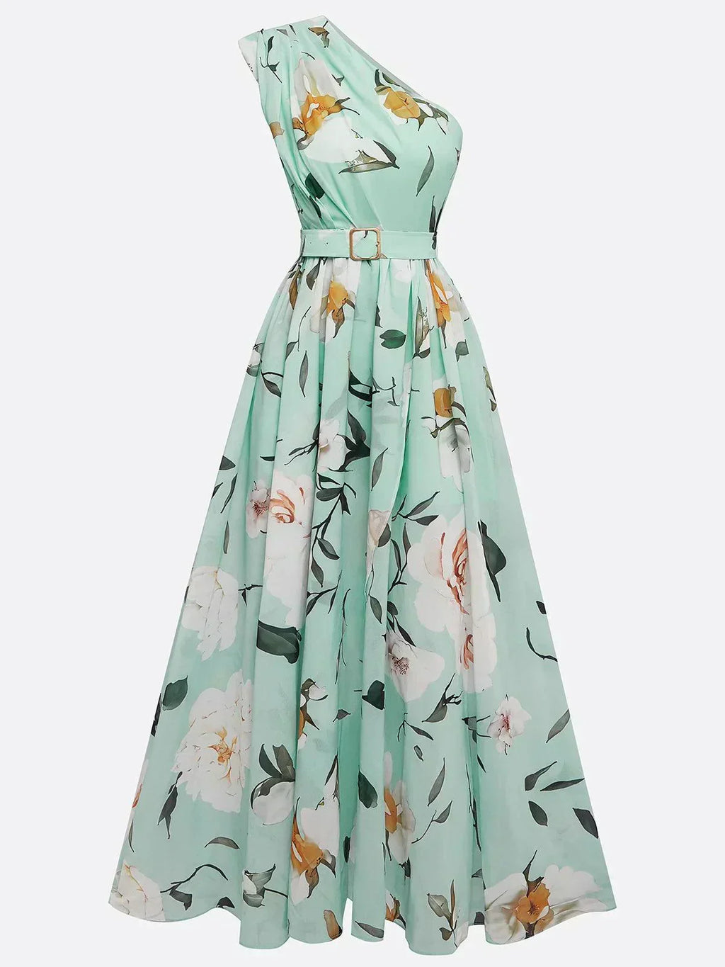 Anna | Robe longue florale vert clair à une épaule
