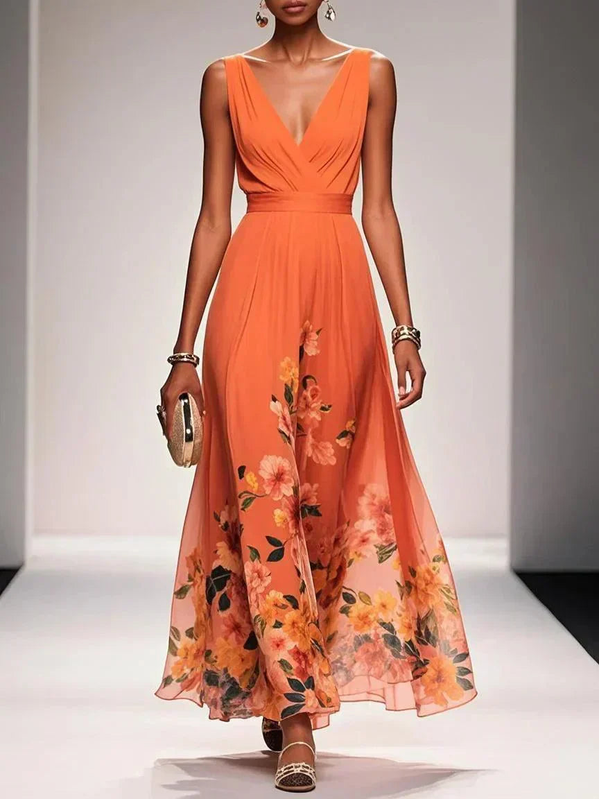 Elsa | Robe longue en mousseline de soie bleu clair à col en V