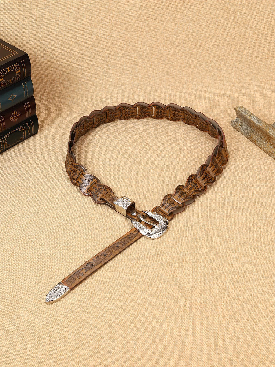 Cinturón de Cintura de Mujer Estilo Western Elegante con Relieve Floral en Cuero Sintético
