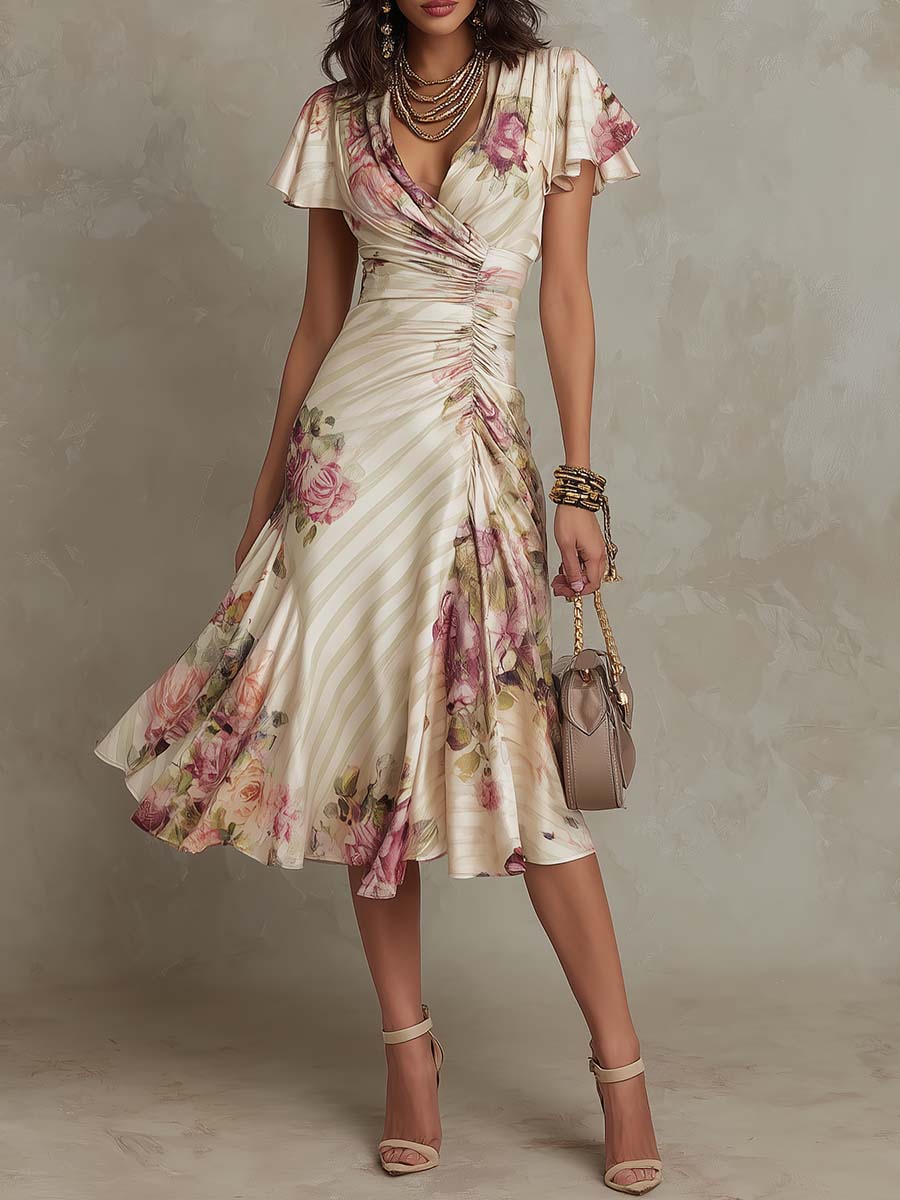 Joanna | Robe mi-longue satinée à fleurs de style vintage