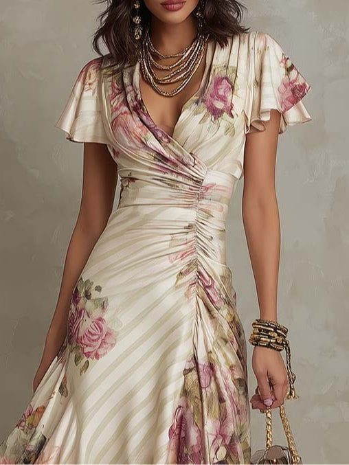Joanna | Vestido midi satinado con flores de estilo vintage