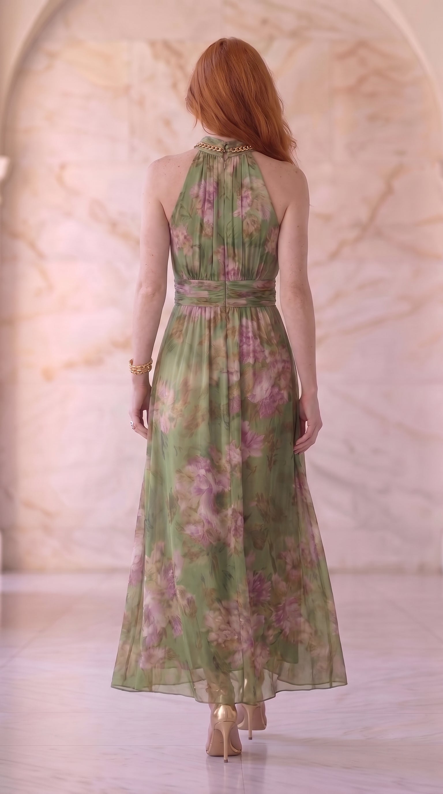 Emilia | Robe longue en mousseline verte fleurie à fines bretelles