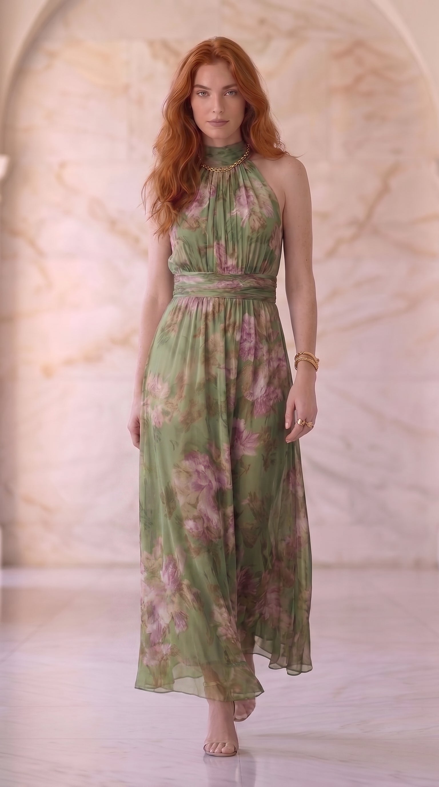 Emilia | Robe longue en mousseline verte fleurie à fines bretelles