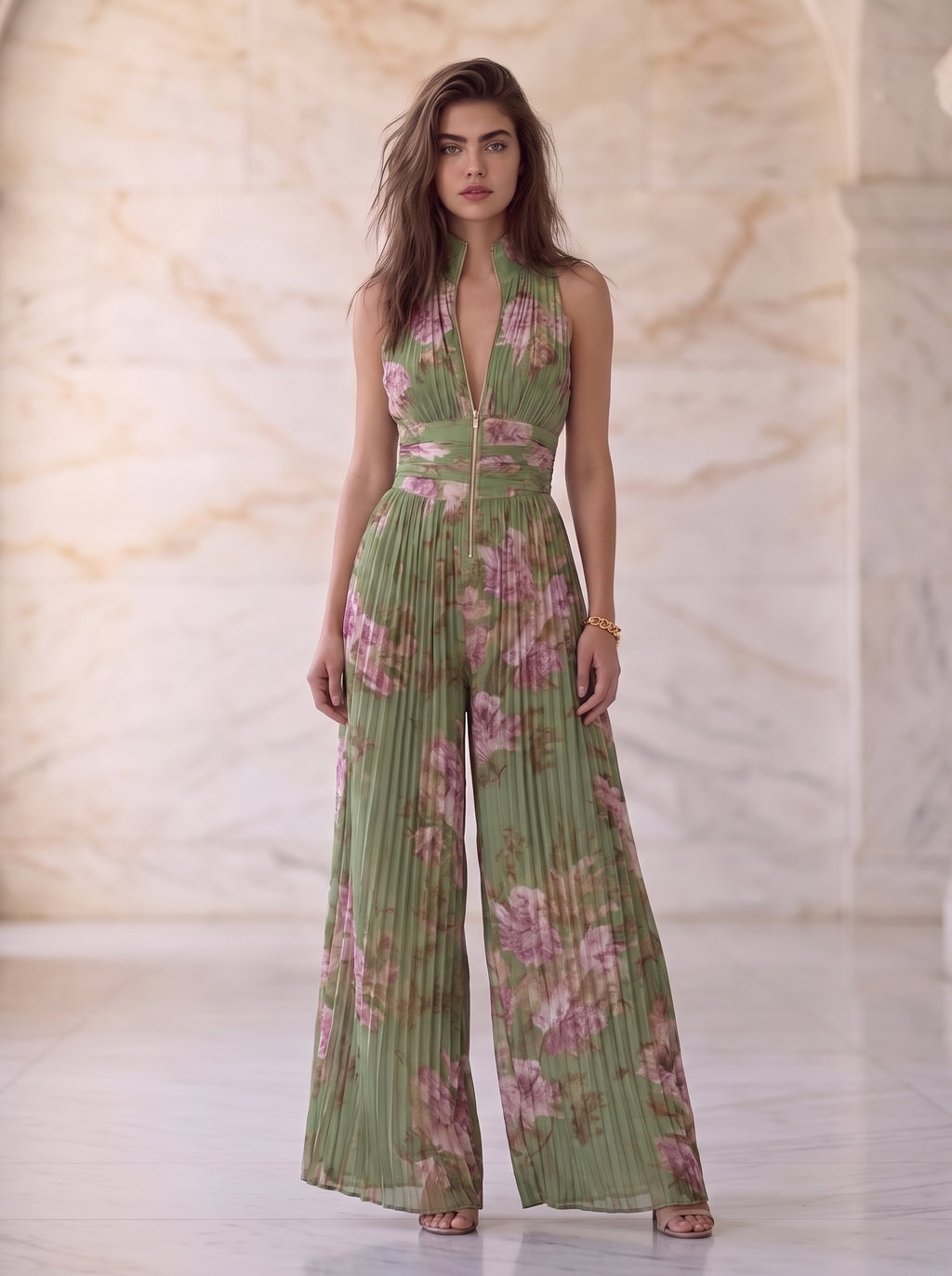 Charlotte™ | Combinaison fluide plissée à fleurs vertes