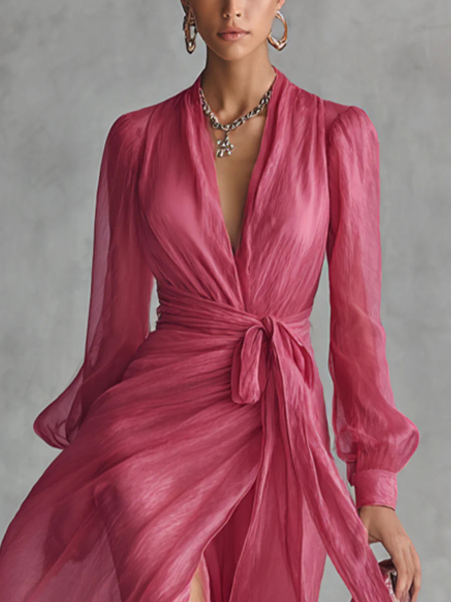 Beata | Élégante robe longue en mousseline à encolure en V et taille ajustable
