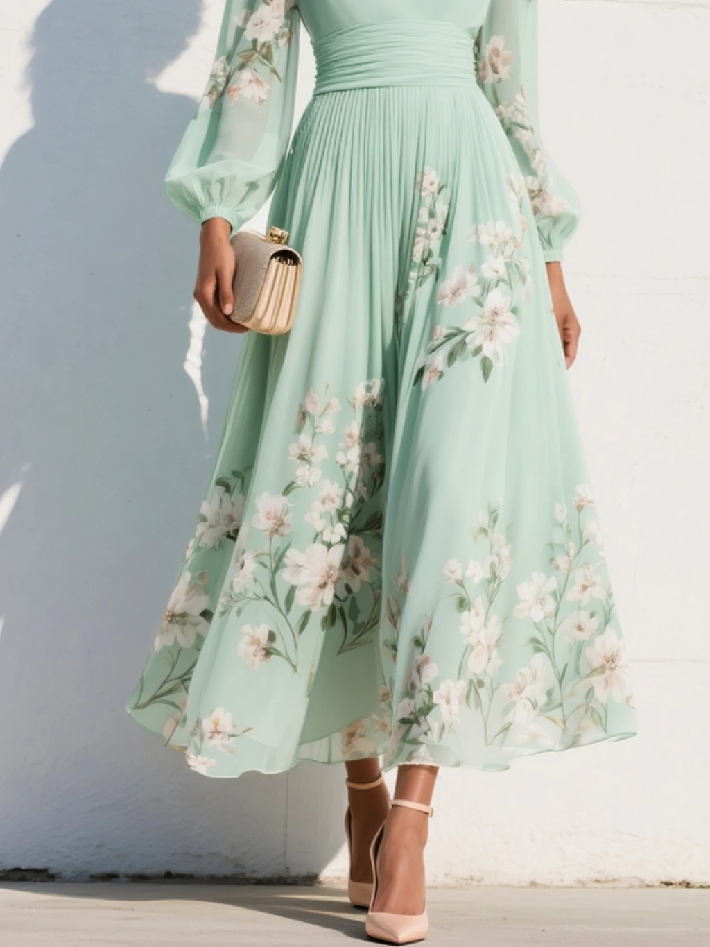 Vestido midi verde claro con escote en V plisado de gasa