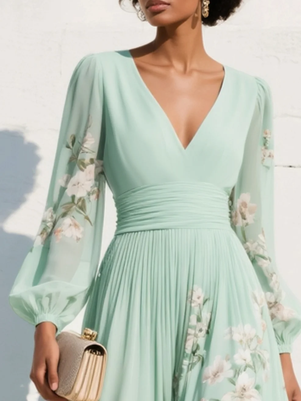 Robe mi-longue vert clair en mousseline plissée avec décolleté en V