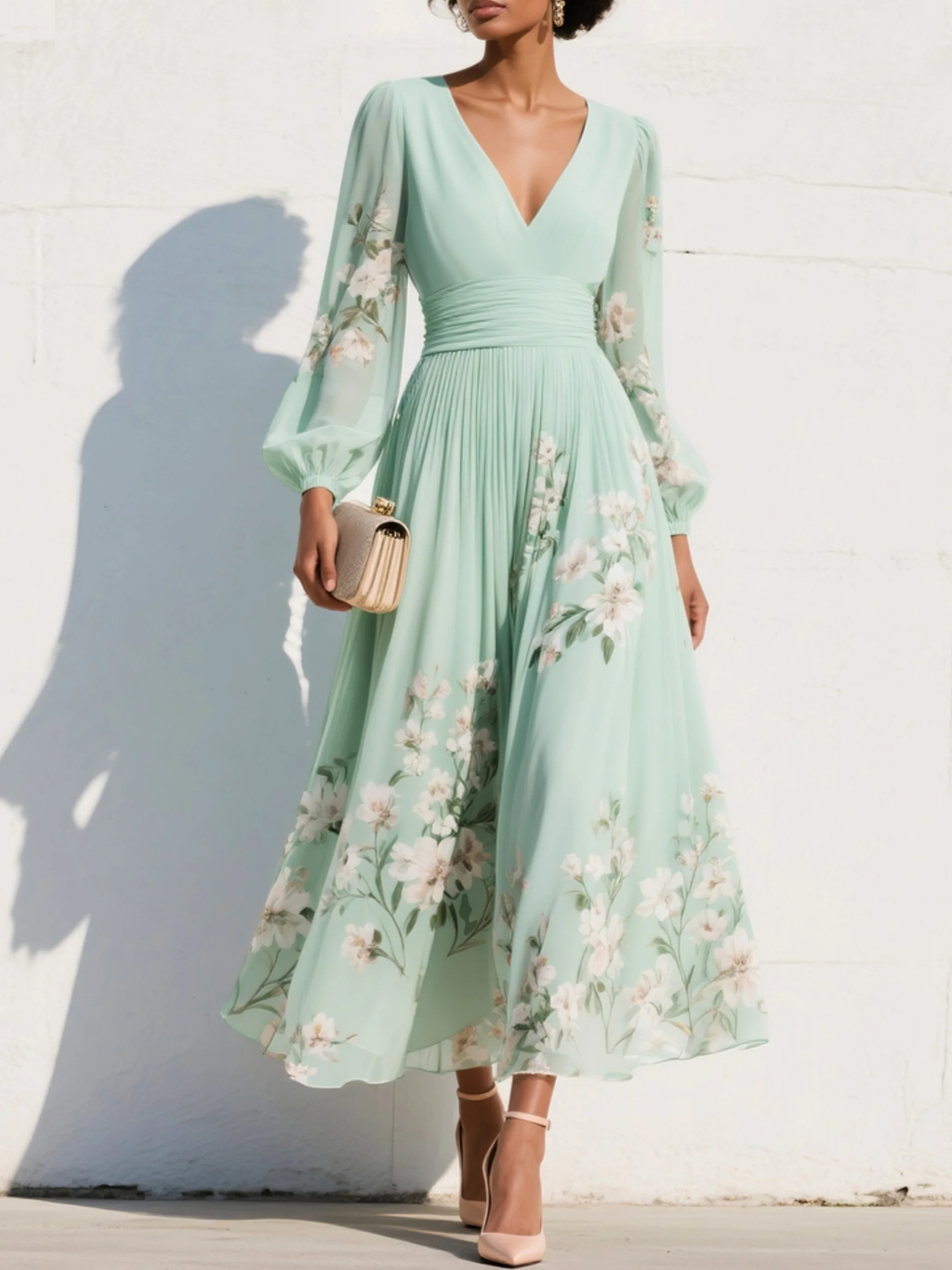 Vestido midi verde claro con escote en V plisado de gasa