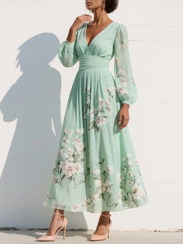 Vestido midi verde claro con escote en V plisado de gasa