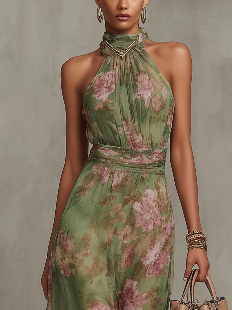 Emilia | Robe longue en mousseline verte fleurie à fines bretelles