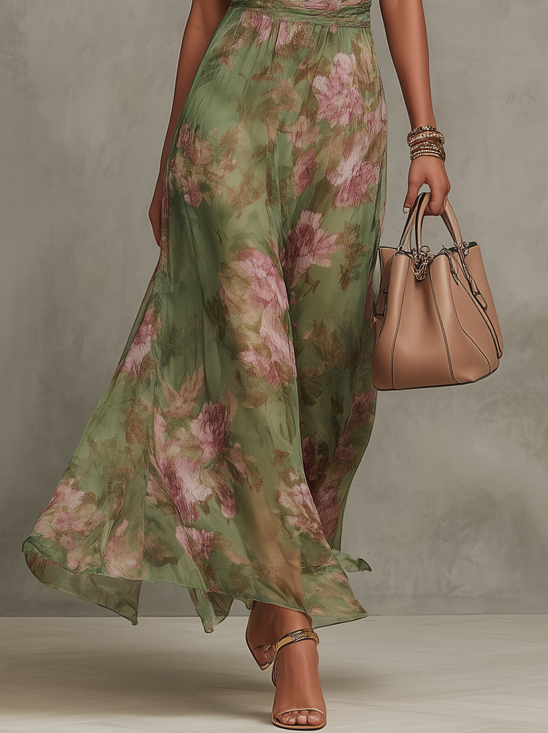 Emilia | Robe longue en mousseline verte fleurie à fines bretelles
