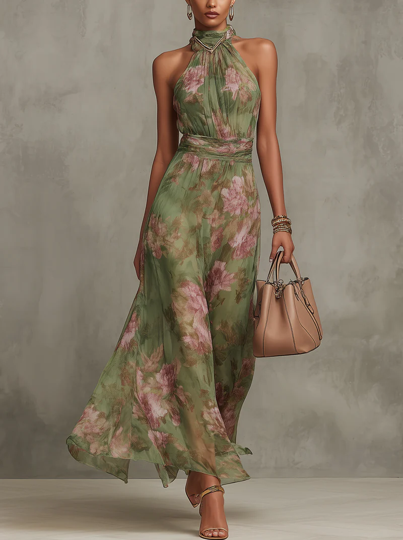 Emilia | Robe longue en mousseline verte fleurie à fines bretelles
