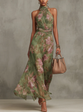 Emilia | Robe longue en mousseline verte fleurie à fines bretelles