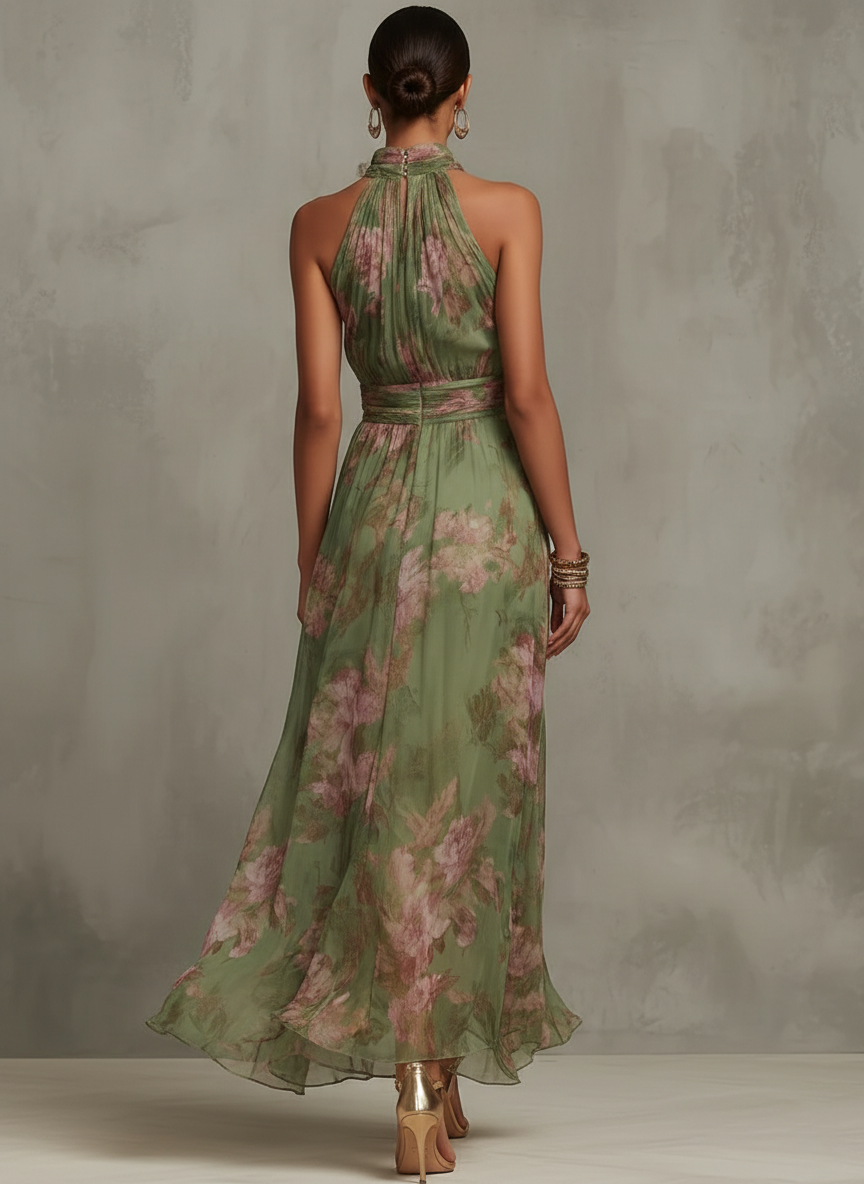 Emilia | Robe longue en mousseline verte fleurie à fines bretelles