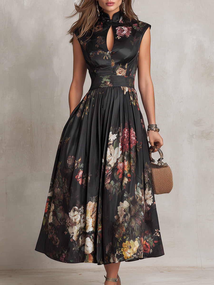 Patricia | Robe midi en satin noir à imprimé floral et plis