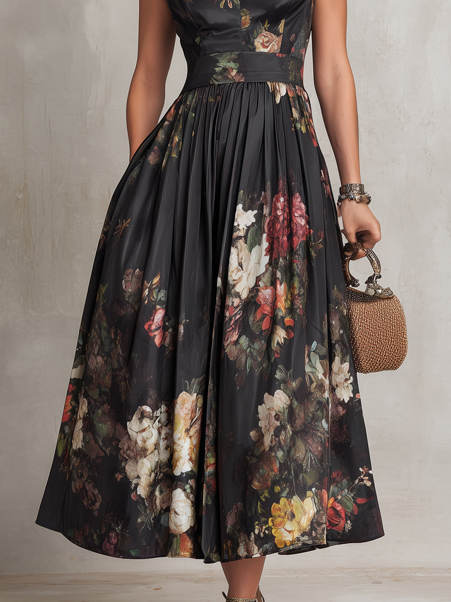 Patricia | Robe midi en satin noir à imprimé floral et plis