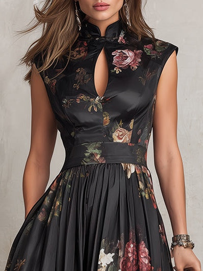 Patricia | Robe midi en satin noir à imprimé floral et plis