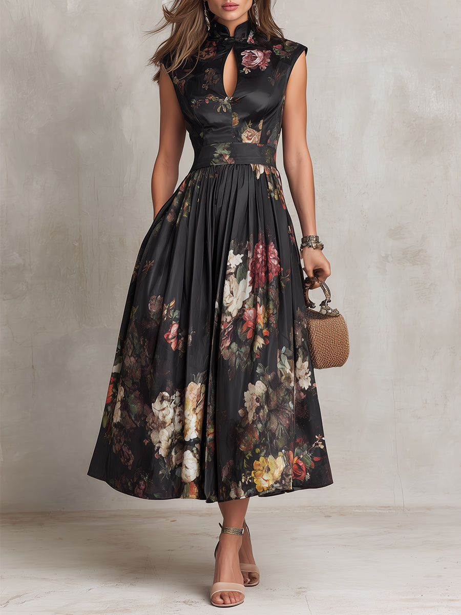 Patricia | Vestido Midi de Satén Negro con Estampado Floral y Pliegues